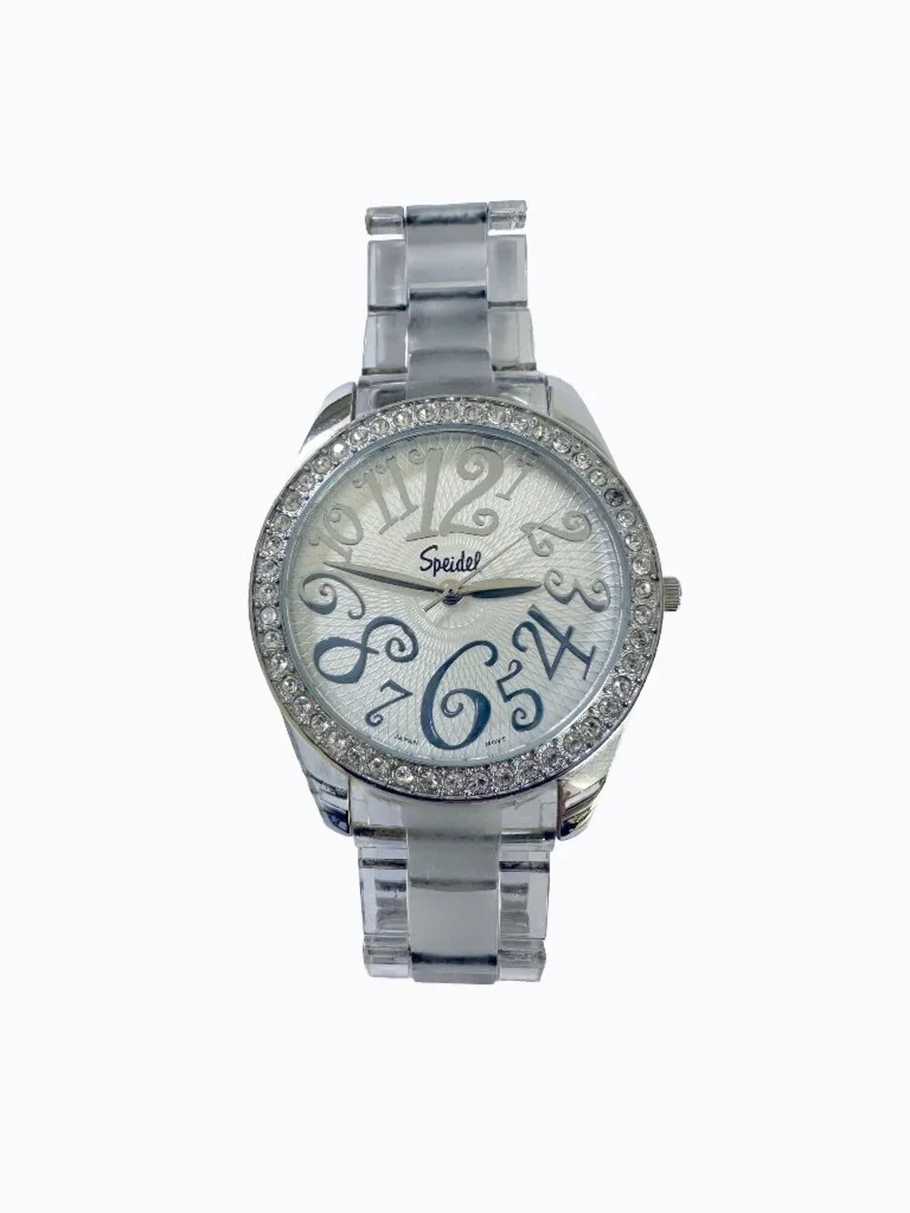 Vtg Speidel Y2K Clear Crystal Watch Silver Oversized Dial Translucent Band Retro